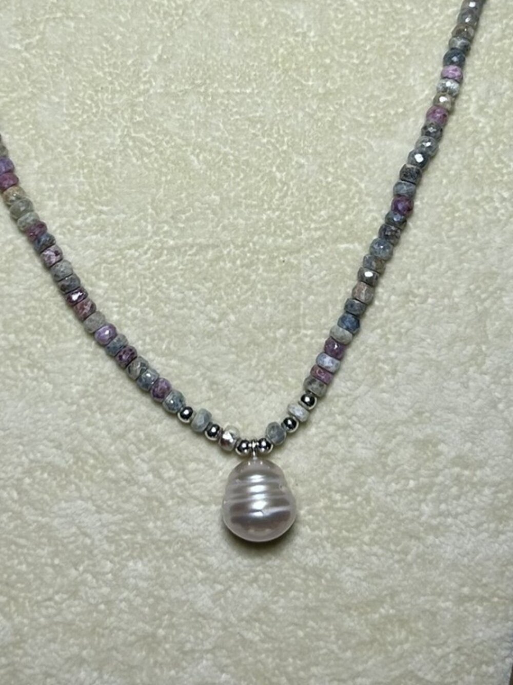 Natural Mystic Corundum Beads and Freshwater Pearl Necklace.